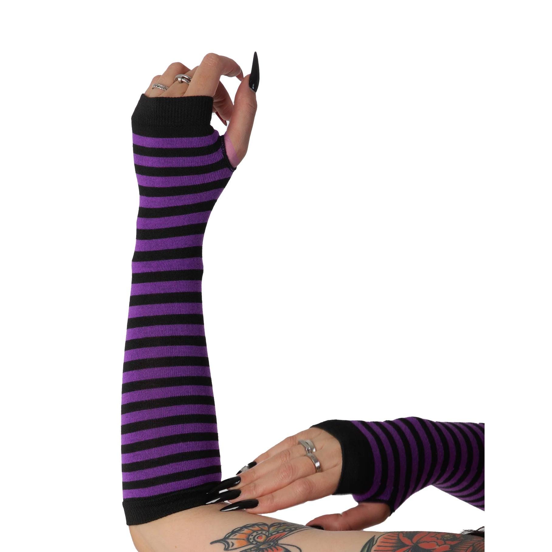 Purple Black Striped Fingerless Gloves