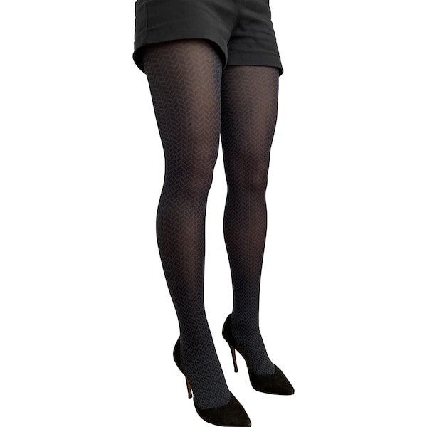 Black Gray Herringbone Patterned Tights for Women | Opaque Fashion Printed Pantyhose