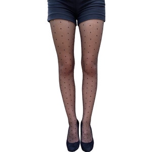 Black sheer Dotted tights | Women Vintage tights style | Retro nylon