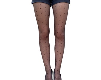 Black sheer Dotted tights | Women Vintage tights style | Retro nylon