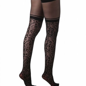 Leopard black sheer patterned tights | An Over the knee effect pantyhose for women | Sexy fashion tights