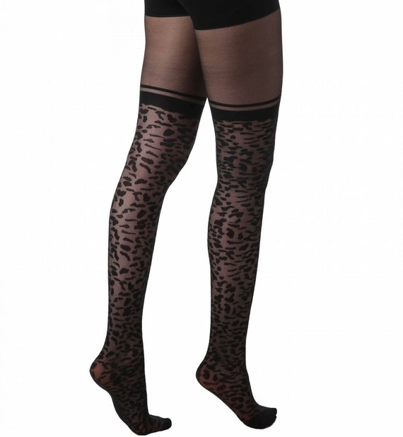 Leopard black sheer patterned tights | An Over the knee effect pantyhose  for women | Sexy fashion tights