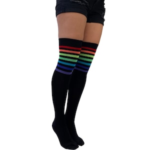 Colored Striped over the knee socks black | Cotton high boots socks