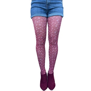 Burgundy Heart and Flower Pattern Tights For All Women