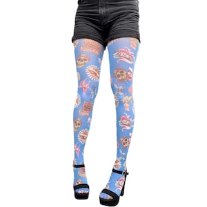 Blue Skull & Roses Patterned Tights - Halloween Pantyhose
