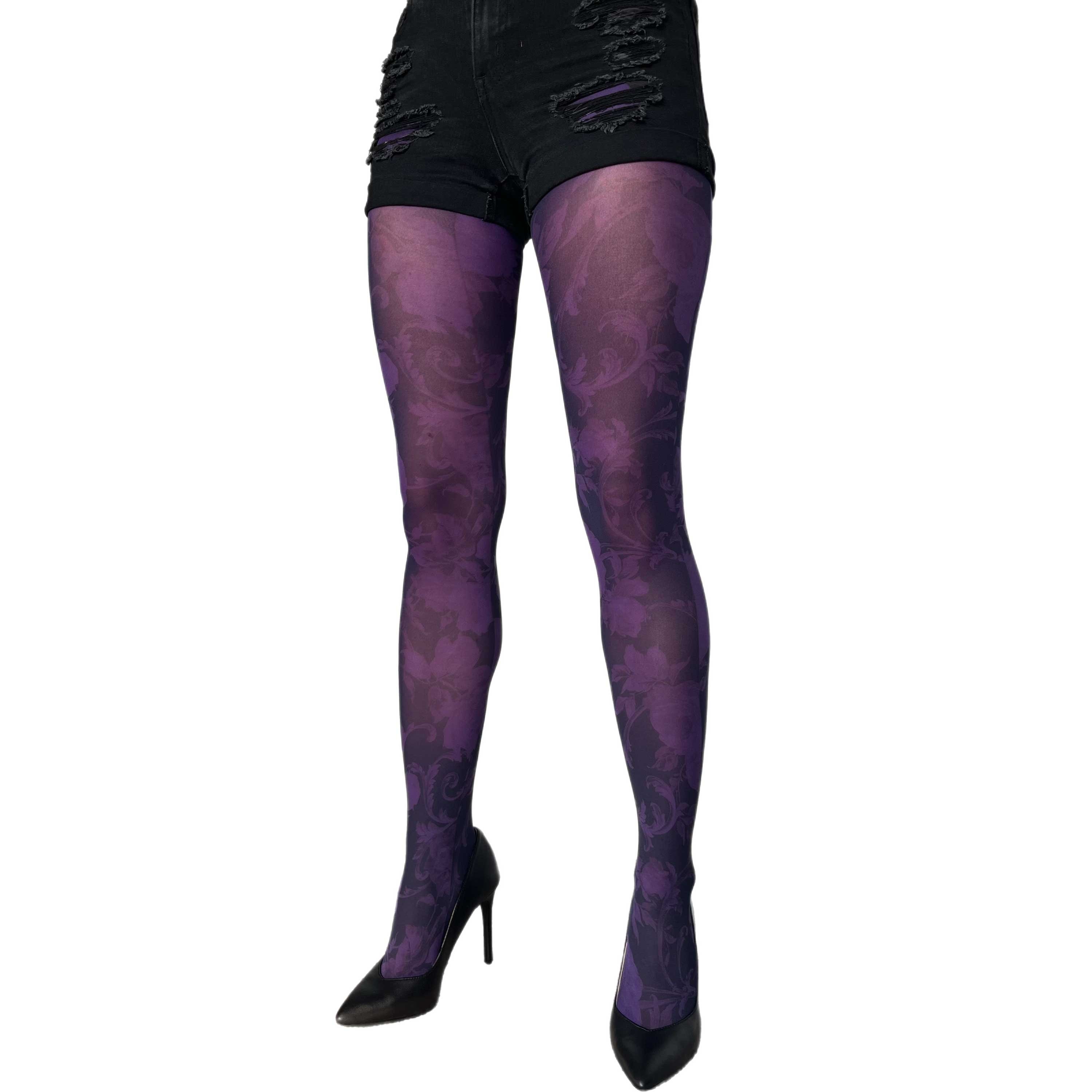 Purple Floral Tights Two-tone Opaque Pantyhose for Women Available