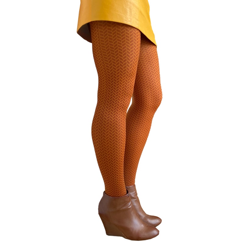 Orange Rust Herringbone Patterned Tights for women Malka Chic 3
