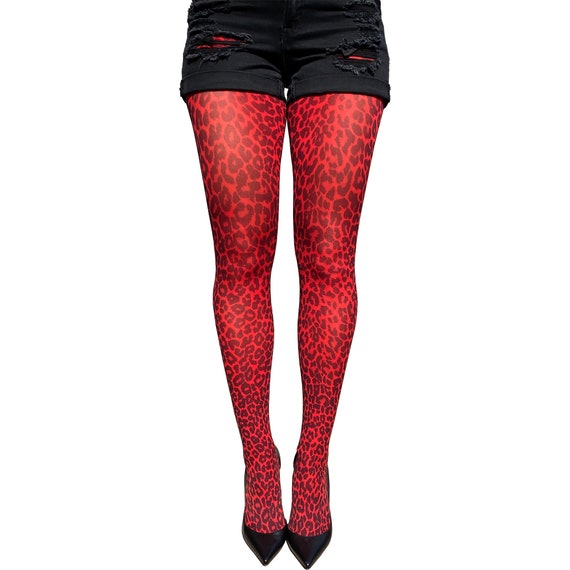 Red Leopard Tights Opaque Cheetah Patterned Pantyhose for Women