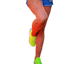 Orange Spider Web Tights for Halloween ! From small sizes to plus size.