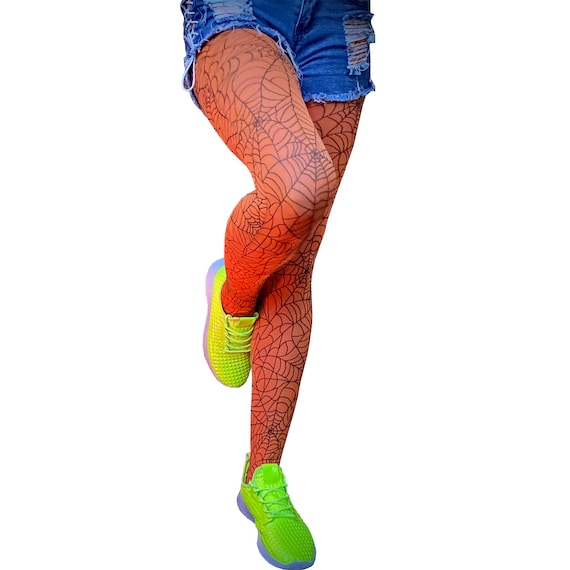 Orange Spider Web Tights for Halloween From Small Sizes to Plus Size. -   UK