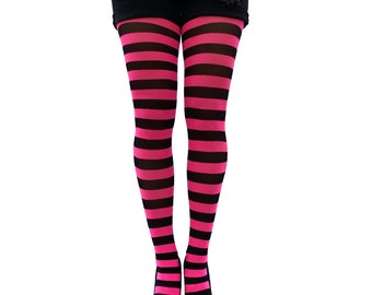 Hot Pink, White and Black Stripes Leggings, Zazzle