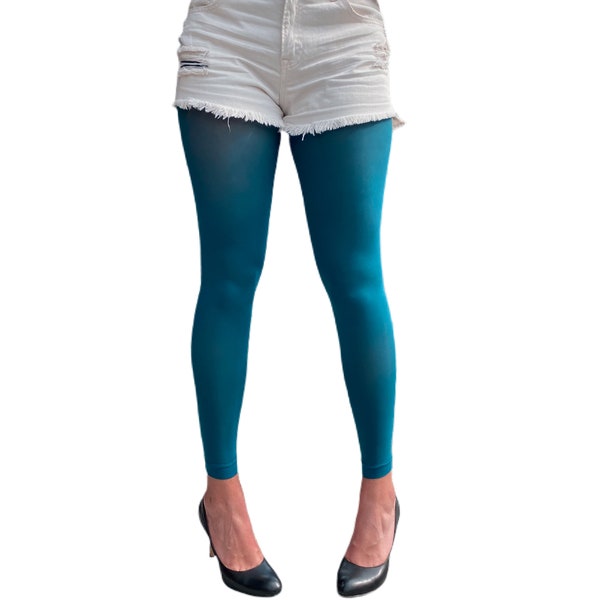 Teal Footless Tights for Women | Ankle Length Pantyhose | Plus Size Available