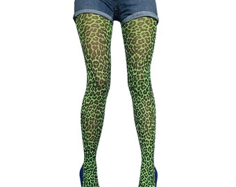 Green Leopard Tights for Women | Opaque Fashion Cheetah Print Pantyhose