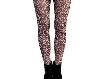 Leopard Print Pattern Opaque Footless Tights Pantyhose Brown one size 8-14 UK