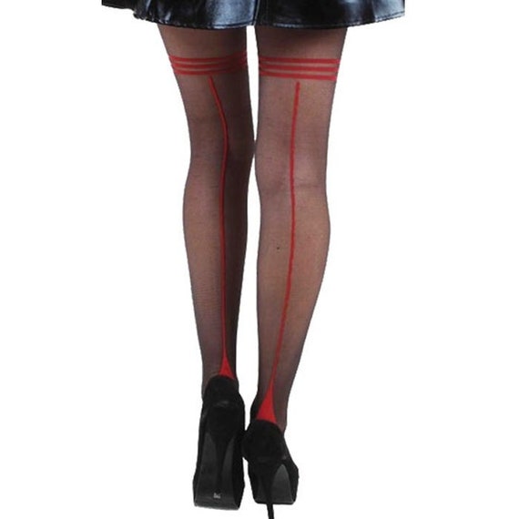 Black Sheer Tights Red Seam and Hoops Illusion Thigh High for Women -   Canada