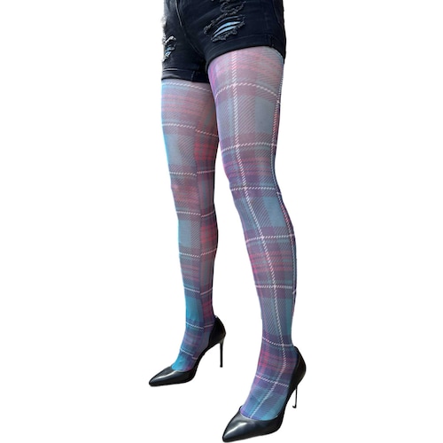 Teal Plaid Patterned Tights for Women, Plus Size Available
