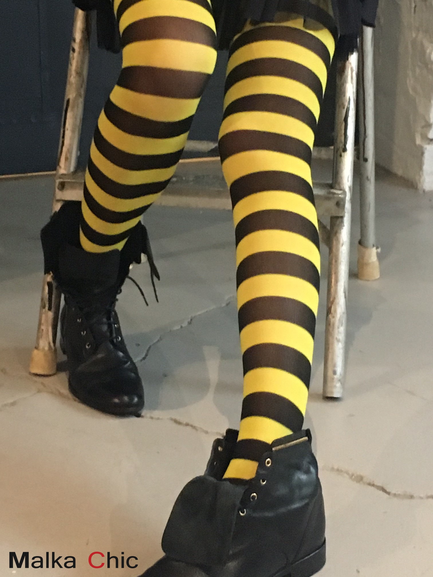 Black and Yellow Tights - Striped Nylon Bumble Bee Stretch Pantyhose S