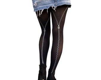 Women's Black Patterned Tights Zipper silver | Decorated silver tights | Available in plus size | Gift for her