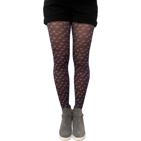 Flamingo Pattern Tights Black & Pink Cute Fashion Opaque Pantyhose Tights  Available in All Sizes 