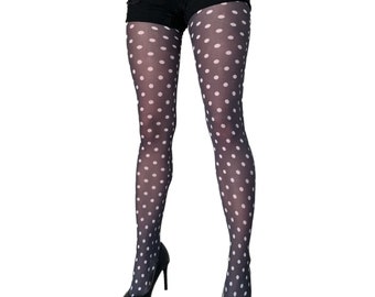 Women's Polka Dot Tights | White Dotty Patterned Tights on Black | Plus Size Tights Available