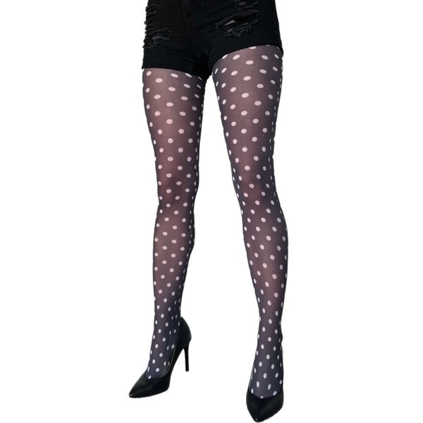 Women's Polka Dot Tights | White Dotty Patterned Tights on Black | Plus Size Tights Available