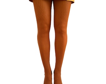 Orange Rust Herringbone Patterned tights for Women | Opaque Fashion Printed Pantyhose