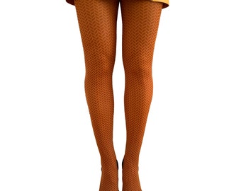 Orange Rust Herringbone Patterned tights for Women | Opaque Fashion Printed Pantyhose