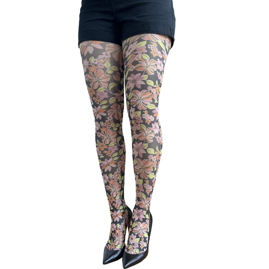 Floral Patterned Tights Pop of Colors for Women Etsy