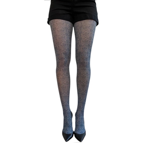 Black Gray Damask Patterned Tights for 