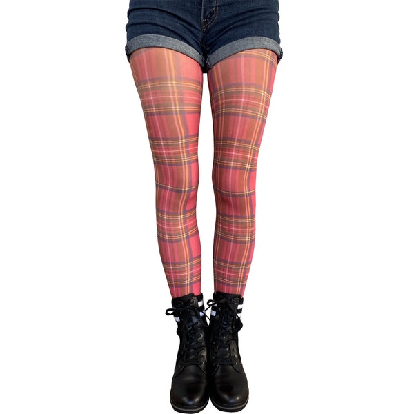 Red Plaid Tights | Women's Opaque Patterned Pantyhose | Available in Plus Size | Gift for Her
