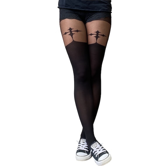 Women Black Fake garter thigh net Sexy Mock Suspender Pantyhose Tights  Stockings