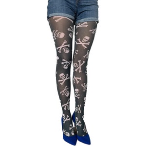 Goth Tights with white skulls all over the legs | Skeleton patterned tights for women from small sizes to plus size
