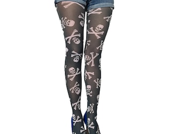 Goth Tights with white skulls all over the legs | Skeleton patterned tights for women from small sizes to plus size