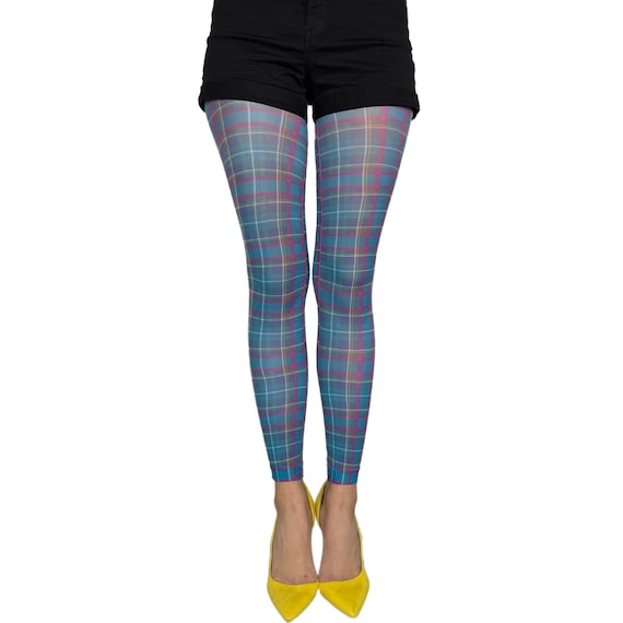 Plaid Footless Tights Teal Printed Pantyhose From Ankle to Waist Available  in Plus Size 