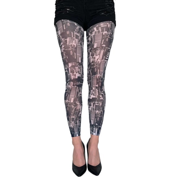 New York Skyline Printed Footless Tights Pantyhose Available in Plus Size 