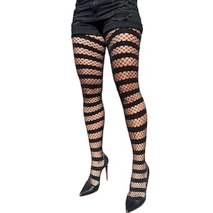 Black Fishnet Opaque Stripe Tights For Women