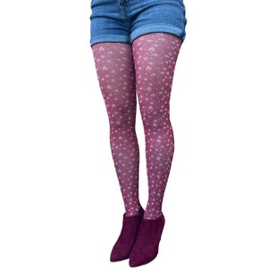 Burgundy Heart and Flower Pattern Tights For All Women