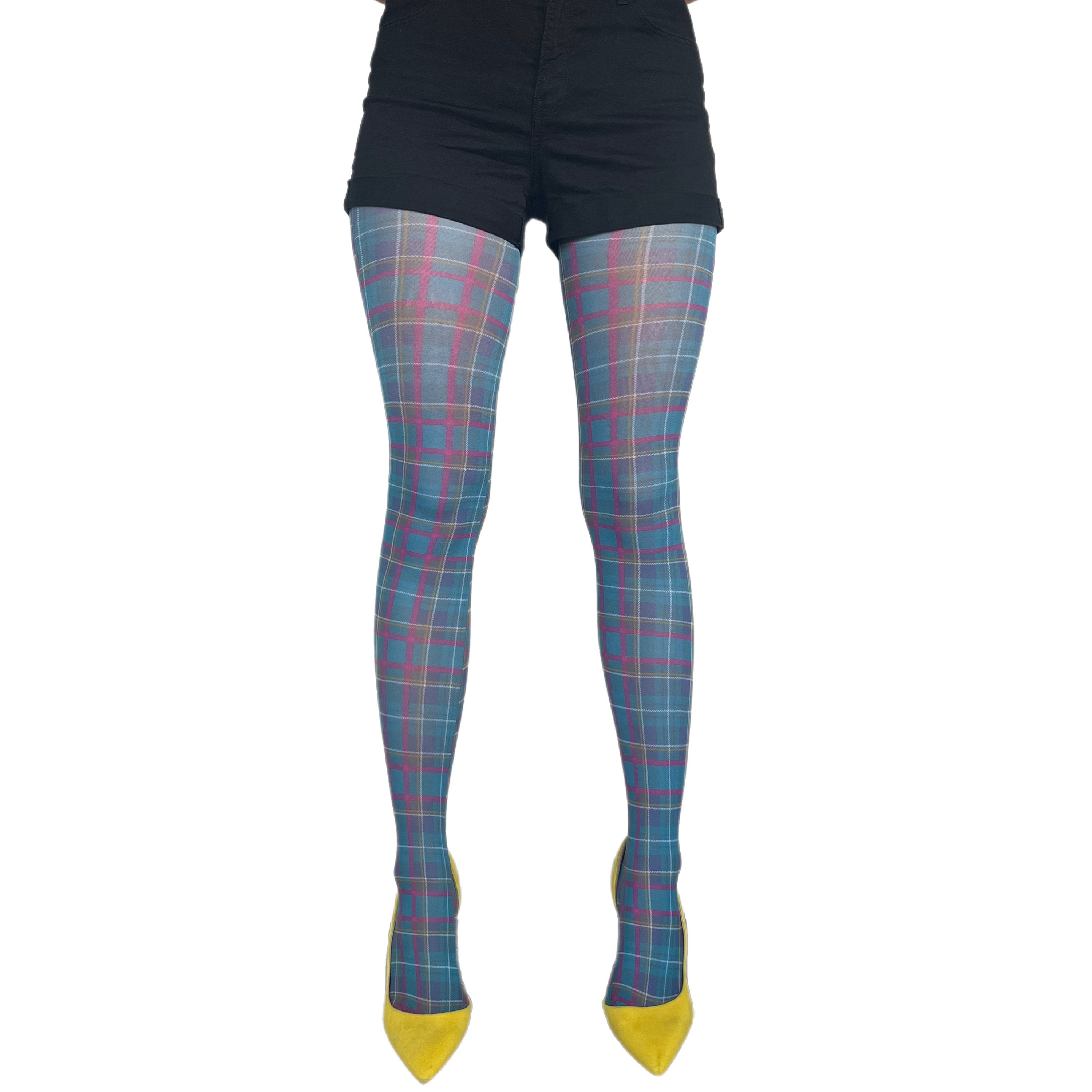 Teal Plaid Patterned Tights for Women 