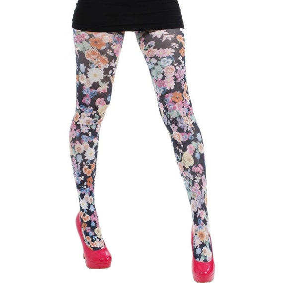 Colorful Floral Patterned Tights Garden, Opaque Flowers on