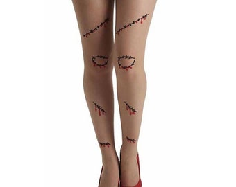 Women's Sheer Tattoo effect tights Stiches | A Skeleton tights | Available in plus size tights