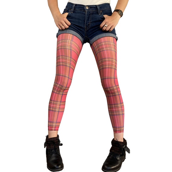 Plaid Footless Tights Red Printed 