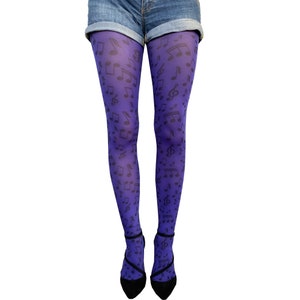 Purple Printed patterned tights pantyhose musical notes for women, we love music !