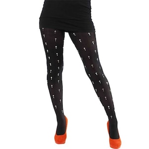 Black Opaque Tights with Silver Crosses: Halloween Party Wear