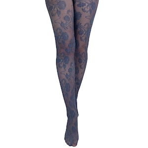 Blue Flower Lace Tights For Women, Vintage Floral Pattern