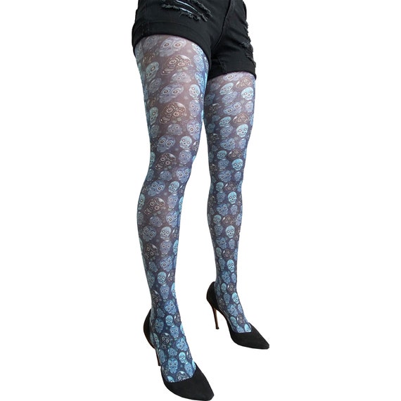 Blue Patterned Tights With Sugar Skulls Skeleton Tights for Women From  Small Sizes to Plus Size Tights for Women 