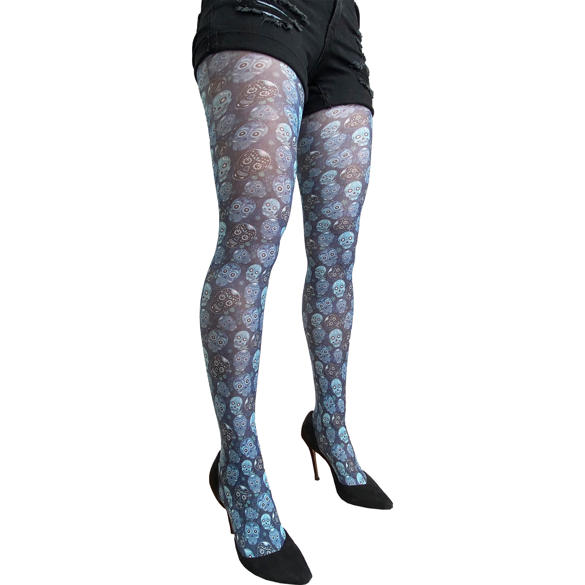 Blue Patterned With Skulls Skeleton Tights for Etsy