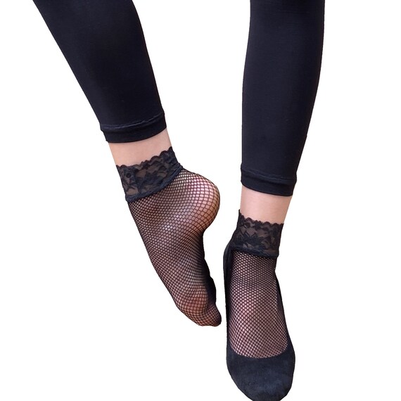 Black Fishnet Ankle Socks With a Lace Trim for Women Fashion Socks Etsy UK