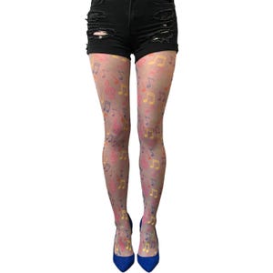 Multicolored Musical Notes Printed Patterned Tights Pantyhose for Women