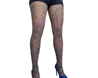 Purple Boho Chic printed Tights pantyhose for women | Available in plus size | Gift for her
