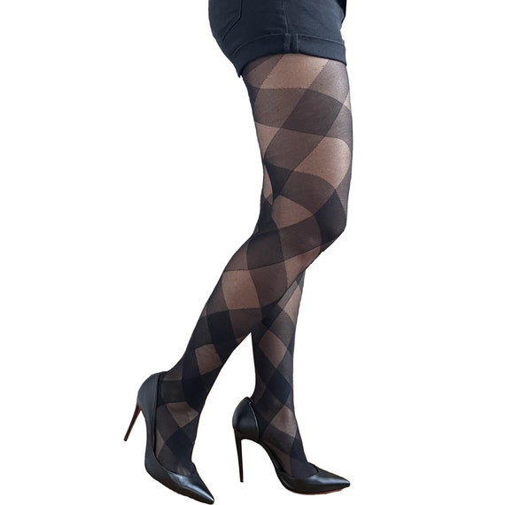 Black Diagonal Check Sheer Tights Plus Size Women's Fashion Tights  Patterned Tights 